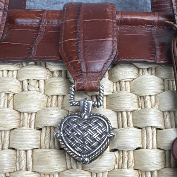 Brighton Woven Jute Leather Handbag Top Open Snap Close Paisley Interior Retired - Picture 4 of 11